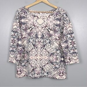 T by Talbots cotton spandex French terry ivory print boxy 3/4 sleeve top, M.